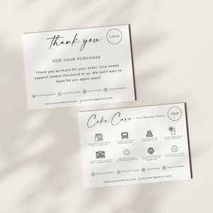 Taartverzorgingskaart en bedankt, taartinstructieskaart, kaarten taartkaartstickers, gids taartverzorging, bewerkbare sjabloon, afdrukbaar, canva