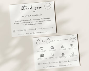 Cake Care Card And Thank You, Cake Instructions Card, Cards Cake Card Stickers, Cake Care Guide, Editable Template, Printable, Canva