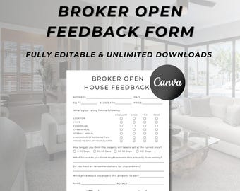 Broker Open House Feedback Form, Real Estate Agent Open House Feedback Form, Realtor Tour Feedback Form, Feedback Questionnaire, Canva