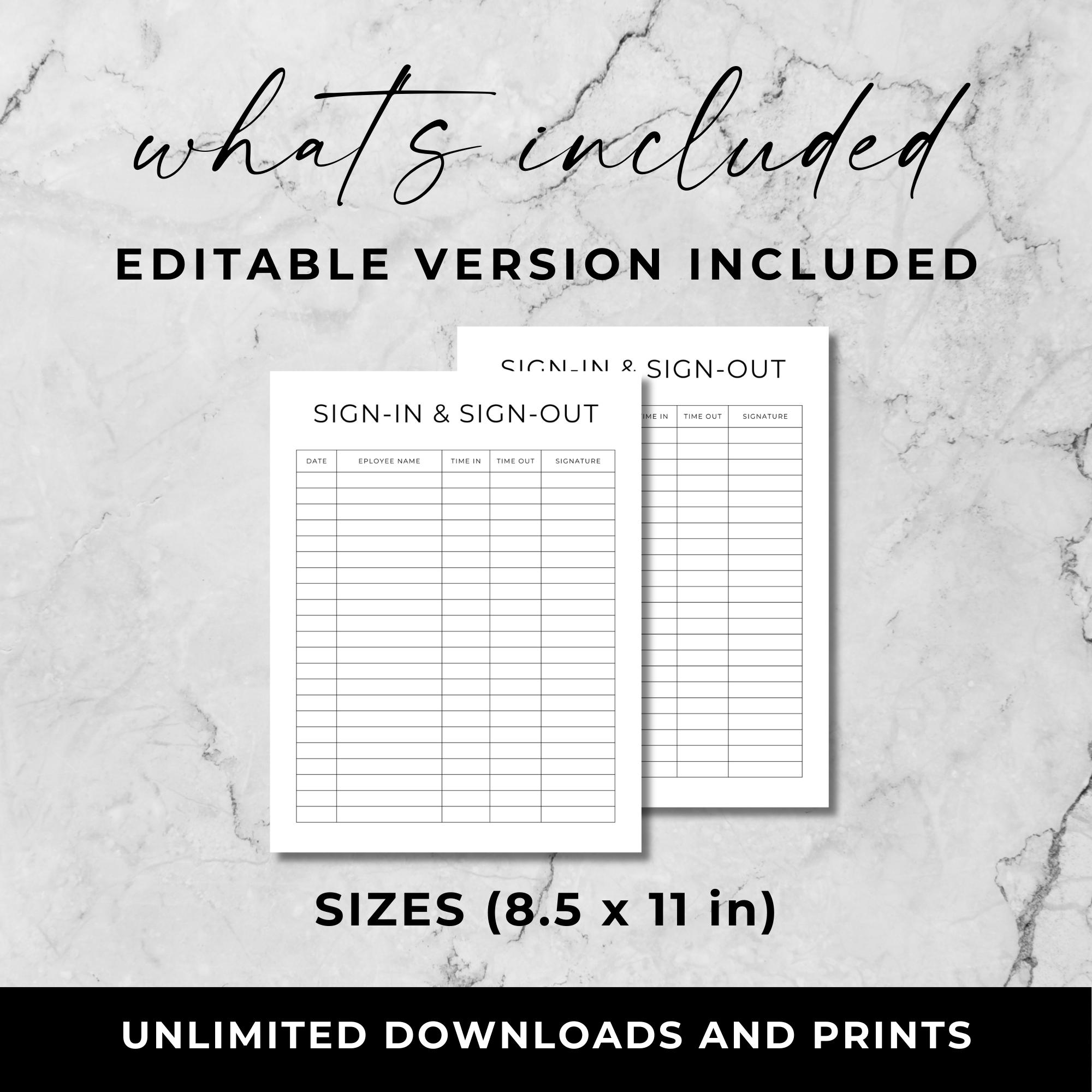 Staff Sign-in & Sign-out Sheet Template, Fancy Font, Sign-in and Sign ...