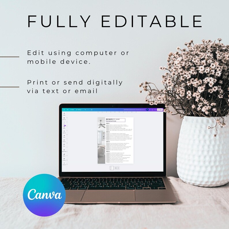 K&ouml;nnte beinhalten: Ein Laptop zeigt ein Dokument mit dem Titel "30 DAYS OF LEAK GENERATION". Die Worte "FULLY EDITABLE" und Anweisungen zum Bearbeiten und Drucken befinden sich &uuml;ber dem Laptop. Ein Canva-Logo ist sichtbar. Rechts steht eine wei&szlig;e Vase mit Blumen.