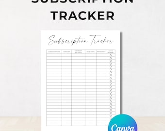 Subscription Tracker, Bills Tracker, Expense, Payment, Reminder, Plan, Account, Service, Due Date, Letter Size,Fully Editable, Canva