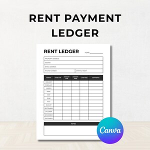 Può includere: Un registro degli affitti bianco con la scritta "RENT PAYMENT LEDGER" in alto. Il registro include campi per l'indirizzo della proprietà, l'inquilino, l'e-mail, il telefono e l'affitto mensile. Ha colonne per mese, data di scadenza, importo dovuto, importo pagato, penali e commenti.