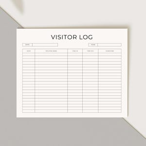 May include: A cream-colored visitor log with the title "VISITOR LOG" in black font. The log includes fields for date, employee name, time in, time out, and signature. The paper is rectangular and has a minimalist design.