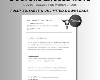 Doctor Excuse Note For Work, Printable Doctor Excuse for Work/School, Work Absence Excuse, Student Absence Letter, Editable Template, Canva