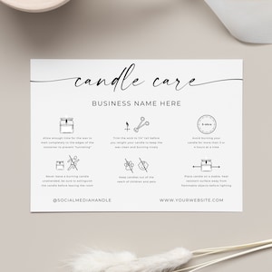 Tarjeta con instrucciones para el cuidado de velas, guía para el cuidado de velas, diseño de tarjeta de seguridad para velas, marca de velas, plantilla editable, descarga instantánea, Canva