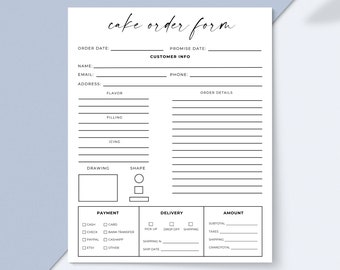 May include: Black and white cake order form with sections for customer information, order details, payment, delivery, and amount. The form includes fields for name, email, address, phone, flavor, filling, icing, drawing, shape, subtotal, taxes, shipping, and grand total.
