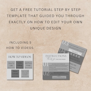 Puede incluir: Una plantilla de dise&ntilde;o gr&aacute;fico gris y blanca con el texto "Obtenga un tutorial gratuito paso a paso que lo gui&oacute; a trav&eacute;s de la edici&oacute;n de su propio dise&ntilde;o &uacute;nico" e "Incluye 5 videos de instrucciones". La plantilla incluye cinco tutoriales en video sobre c&oacute;mo editar el dise&ntilde;o, que incluyen c&oacute;mo editar, edici&oacute;n m&oacute;vil, agregar imagen de foto, recortes de fotos y c&oacute;mo editar (versi&oacute;n extendida).