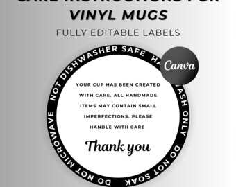 Vinyl Mug Care Instructions Card: Editable Washing Guide (Canva, Instant Download)