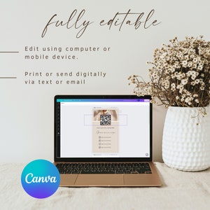 May include: A laptop computer displaying a Canva design template with a QR code and the text "Scan and Stay Connected". The design also includes a list of social media icons and links. The laptop is on a table with a white vase of dried flowers.