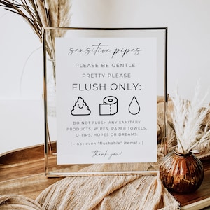Flush Only Toilet Paper & Natural Waste Sign, Cute Sensitive Pipes Emoji Printable Sign, Vacation Rental, Elegant Design, Editable, Canva