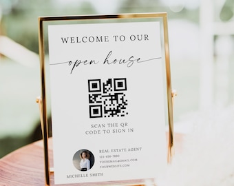 Welkom bij ons opendeurdagbord met QR-code, opendeurdagbord in QR-code, opendeurdagbord makelaars, vastgoedflyer opendeurdag, Canva