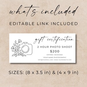 Op de afbeelding: Een wit cadeaubon met een zwarte omtrek van een camera en een bloemenmotief. De tekst luidt "gift certification", "2 hour photo shoot", "$200", "EXPIRES: 05/23/202X", "YOUR NAME PHOTOGRAPHY", "INFO@YOURMAIL.COM I WWW.YOURWEBSITE.COM", en "SIZES: (8 x 3.5 in) & (4 x 9 in)".