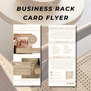 May include: A business rack card flyer with a beige and white color scheme. The flyer includes text that says "Business Rack Card Flyer", "Book Your Appointment Now!", and "25% Off Your First Treatment!" The flyer also includes a logo placeholder and a list of services.