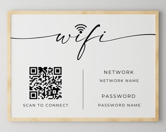 Wifi Password Sign With QR Code, Editable Wifi Sign Template, WIFI Password Sign, Printable QR Code Sign, Instant Download, Edit With Canva,