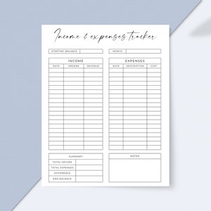 May include: A printable income and expenses tracker with sections for income, expenses, and a summary. The tracker includes columns for date, order, revenue, description, and cost. There is also a section for notes.
