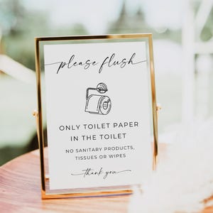 Letrero de papel higiénico con descarga de inodoro, imprimible para Airbnb, oficina, alquiler vacacional, diseño elegante, plantilla editable, PDF incluido, Canva