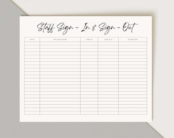 Staff Sign-In & Sign-Out Sheet Template, Fancy Font, Sign-In and Sign-Out Sheet Printable, PDF, US Letter, Fully Editable, Instant Download