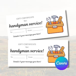May include: Two white gift certificates for handyman service. Each certificate has the text "GIFT CERTIFICATE for: handyman service!" with spaces for "To:" and "From:" and a message. A cartoon toolbox with tools is on the right.