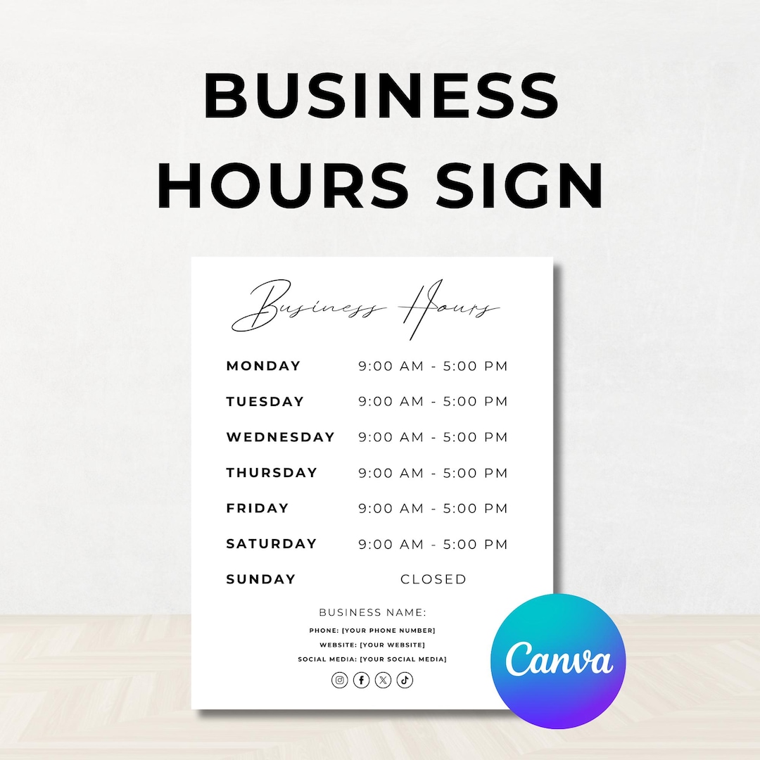 Business Hours Template, Editable Store Hours Sign, Modern Business ...