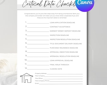 Liste de contrôle pour une date critique, marché immobilier, ressource immobilière, acheteur d'une maison, liste de contrôle d'entiercement, entièrement modifiable, modèle Canva,