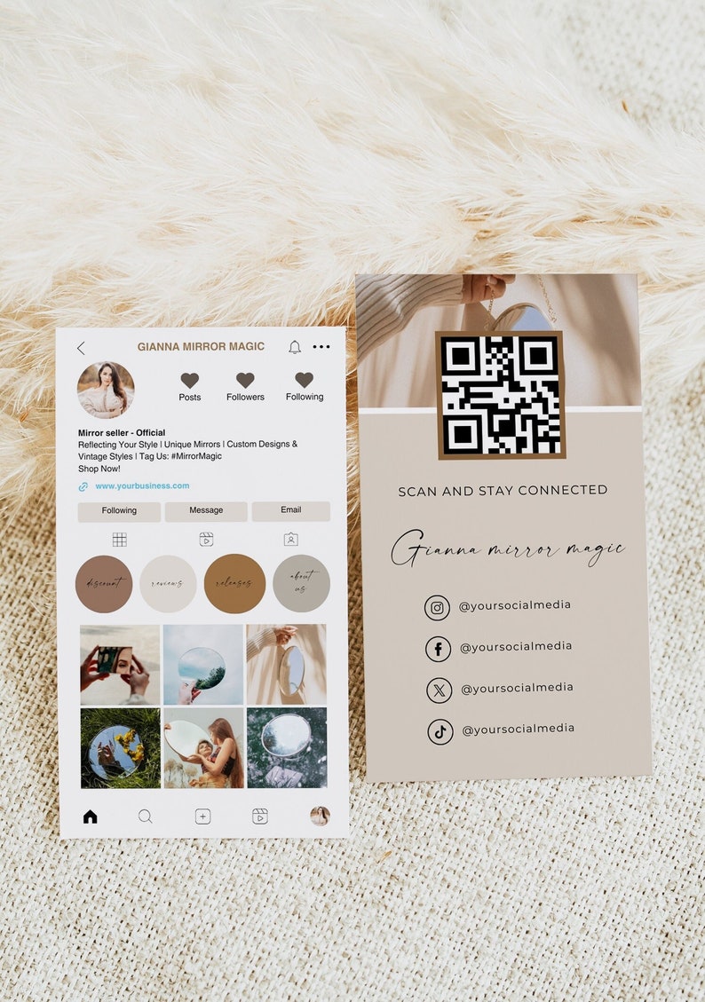 May include: A social media post for a business called Gianna Mirror Magic. The post features a QR code that says "Scan and Stay Connected". The post also includes social media handles for Instagram, Facebook, Twitter, and TikTok.