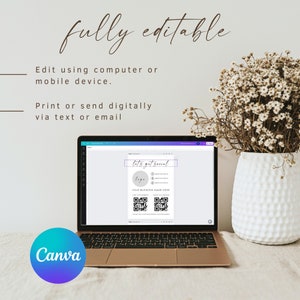 May include: A laptop computer displaying a Canva design template for a social media card. The template features a circle with the text "let's get social" and a space for a logo. There are also spaces for social media handles and QR codes. The laptop is on a table with a vase of dried flowers.