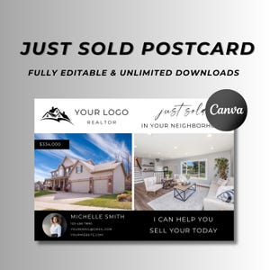 以下が含まれることがあります： 上部に大きな文字で「Just Sold Postcard」と書かれた白黒のポストカード。ポストカードには、334,000ドルの価格タグが付いた家の写真と、家のインテリアの写真が掲載されています。ポストカードには、「Your Logo Realtor」と「Just Sold in Your Neighborhood」のテキストも含まれています。ポストカードの下部には、ミシェル・スミスという不動産会社の連絡先情報が記載されています。