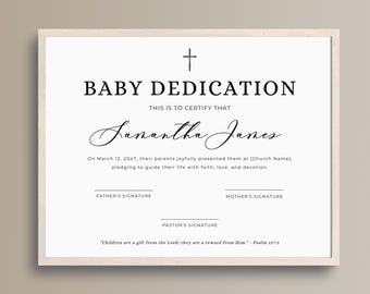 Certificat de dédicace de bébé, souvenir de baptême, certificat de baptême, certificats de l'église, entièrement modifiable, téléchargement numérique, toile