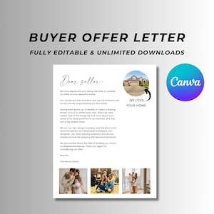Carta de oferta de comprador editable, carta de bienes raíces al vendedor, plantilla de carta de estimado vendedor, carta de oferta de comprador de vivienda imprimible, editable, Canva