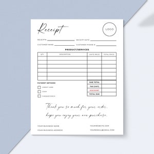 Canva Receipt Template, Printable Billing Template, Order Form Template, Small Business Receipt, Payment Receipt, Purchases Receipt, Edit