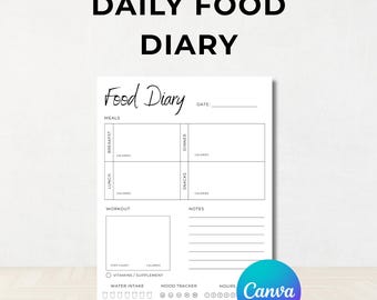 Journal alimentaire quotidien, forme et santé, journal alimentaire, apports en vitamines et en eau, planificateur d'entraînement, entièrement modifiable, téléchargement immédiat, Canva