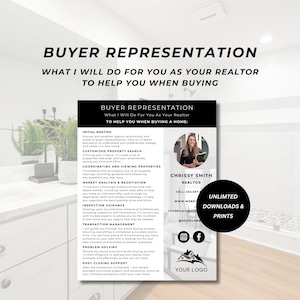 May include: A black and white flyer with the text "BUYER REPRESENTATION" and "What I Will Do For You As Your Realtor To Help You When Buying". Includes a photo of a realtor, contact info, and a list of services.