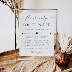 Flush Only Toilet Paper & Natural Waste Sign, Sensitive Plumbing, No Sanitary Products, Vacation Rental, Elegant Design, Editable, Canva