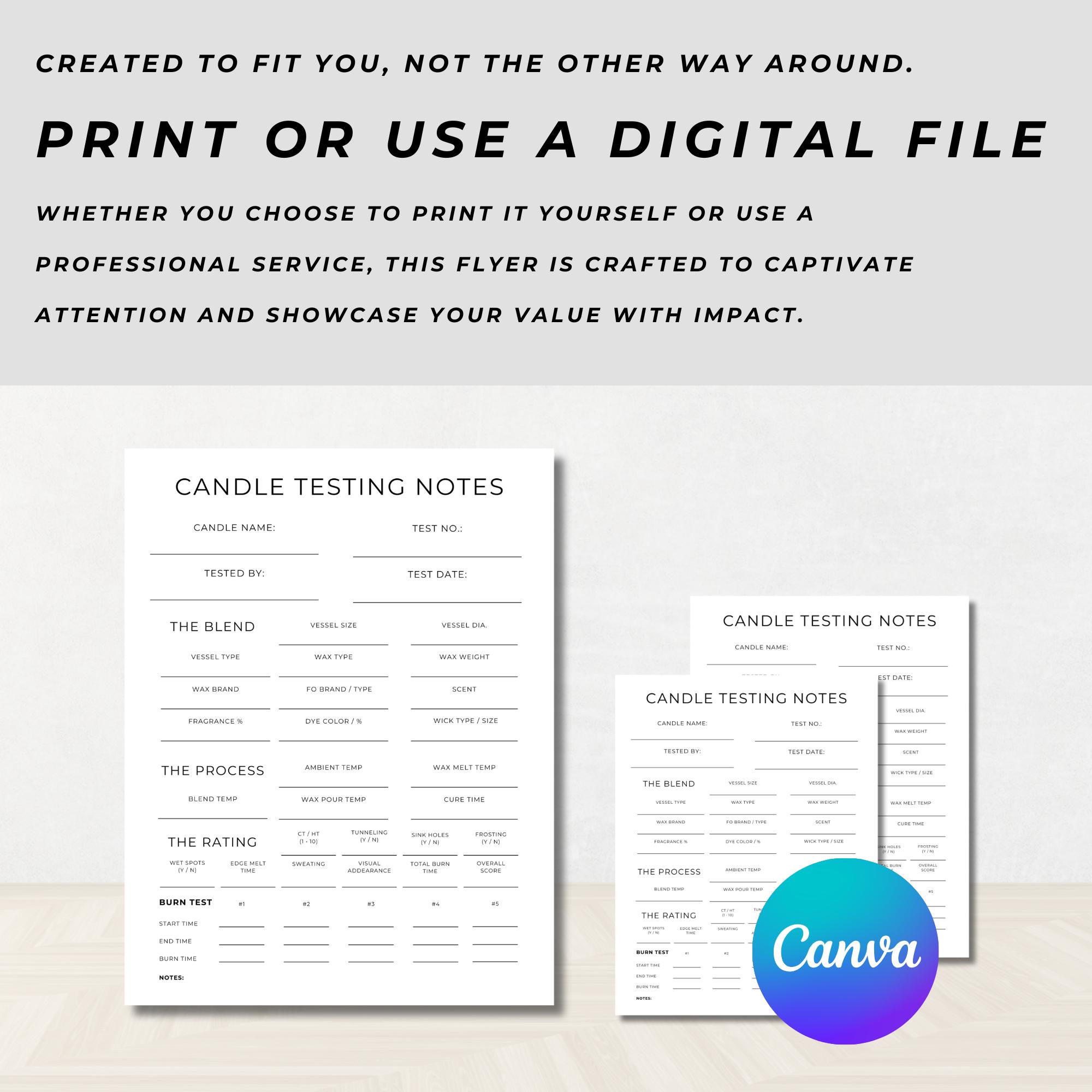 Candle Testing Worksheet, Burn Test, Test Sheet, Testing Notes, Logbook ...