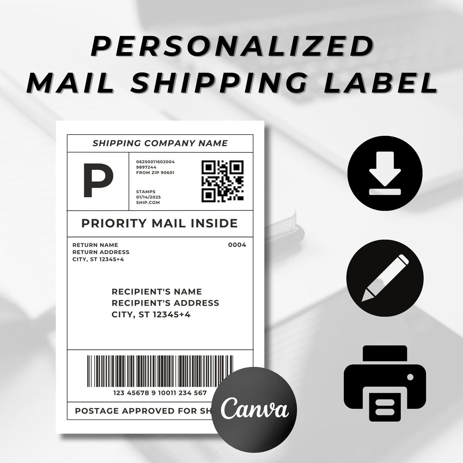 Simple Mail Label Editable Shipping Label Template: Personalized Mail Label (canva ...