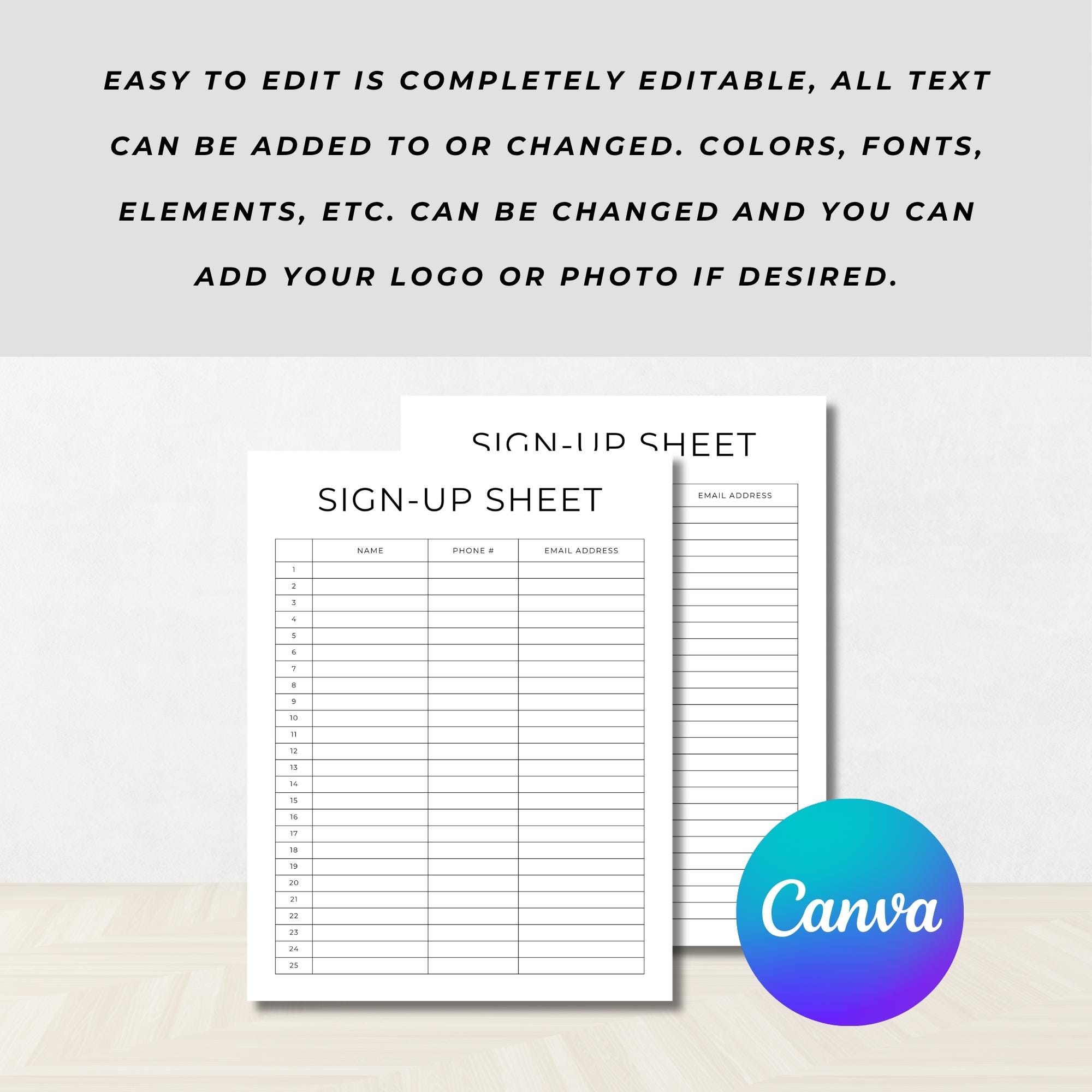 Editable Event Sign up Sheet Template, Fully Editable, Instant Download ...
