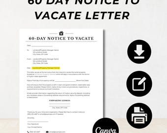 60 Day Notice to Vacate Letter, Vacate Letter, Notice to Vacate, Editable Template, Instant Download, Canva