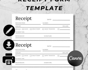 Receipt Form Template, Small Business Digital Receipt, Editable Receipt, Customer Receipt, Sales Receipt, Canva, Instant Download, 8.5x11"