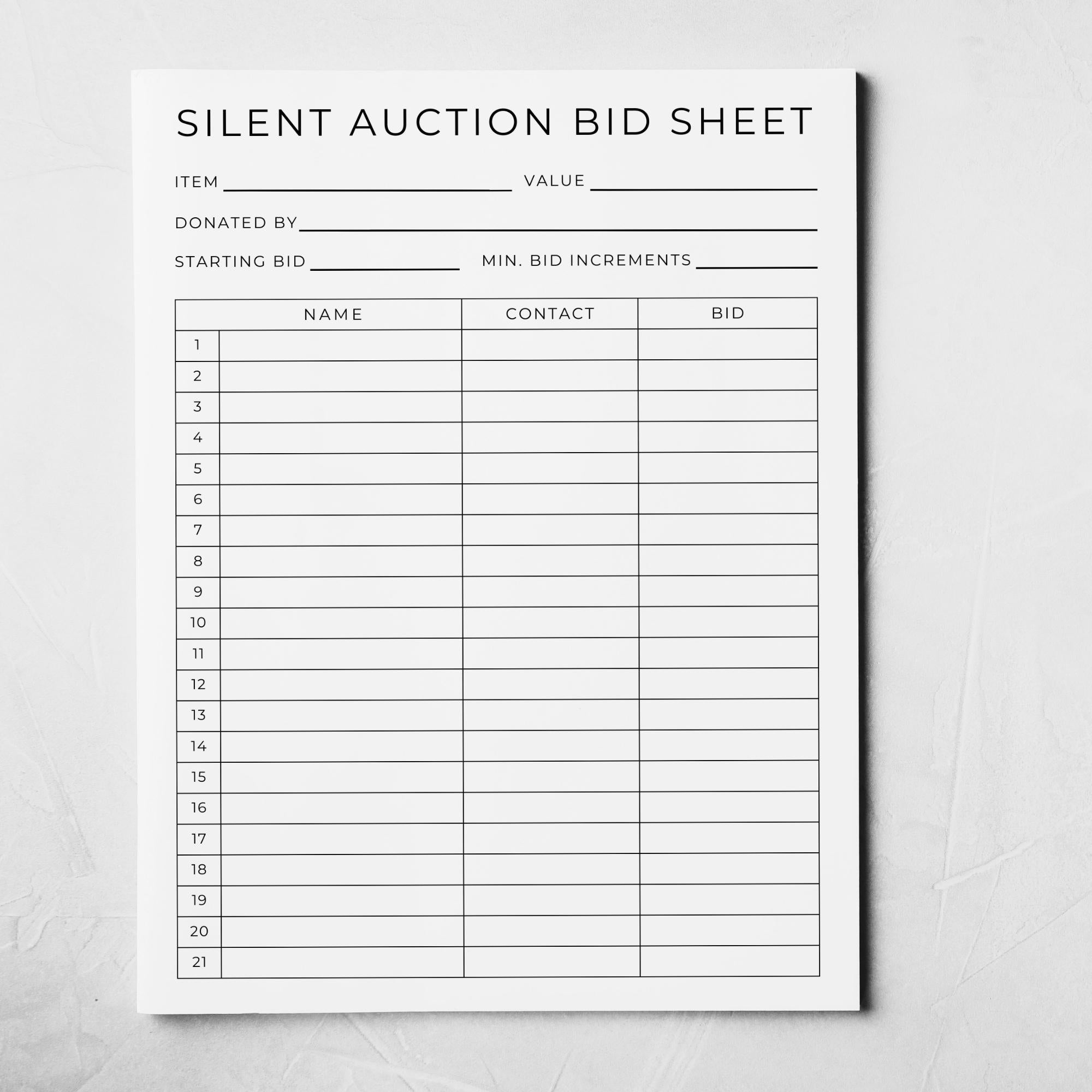 Silent Auction Bid Sheet Template, Silent Auction Sign up Sheet ...