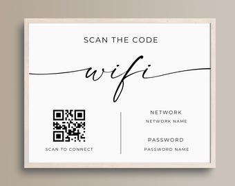 Wifi Password Sign With QR Code, Editable Wifi Sign Template, WIFI Password Sign, Printable QR Code Sign, Instant Download, Edit With Canva,