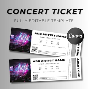 Canva Template Editable Concert Ticket, Printable Concert Ticket Gift Idea, Custom Event Ticket, Instant Download, Customizable Tickets