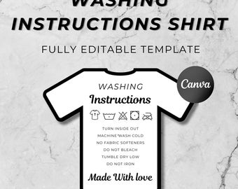 T Shirt Care Card, Care Instruction Card SVG, Printable Washing Instructions for Small Business Supplies, Ready To Print, Download, Canva