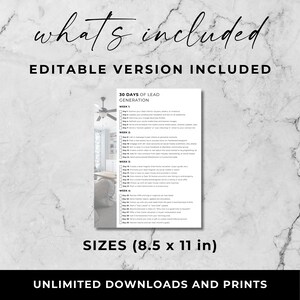 K&ouml;nnte beinhalten: Ein wei&szlig;es, bedruckbares Dokument mit dem Text "30 Days of Lead Generation" und einer Aufgabenliste. Das Dokument ist 21,59 x 27,94 cm gro&szlig;. Die W&ouml;rter "what's included" und "editable version included" stehen oben.