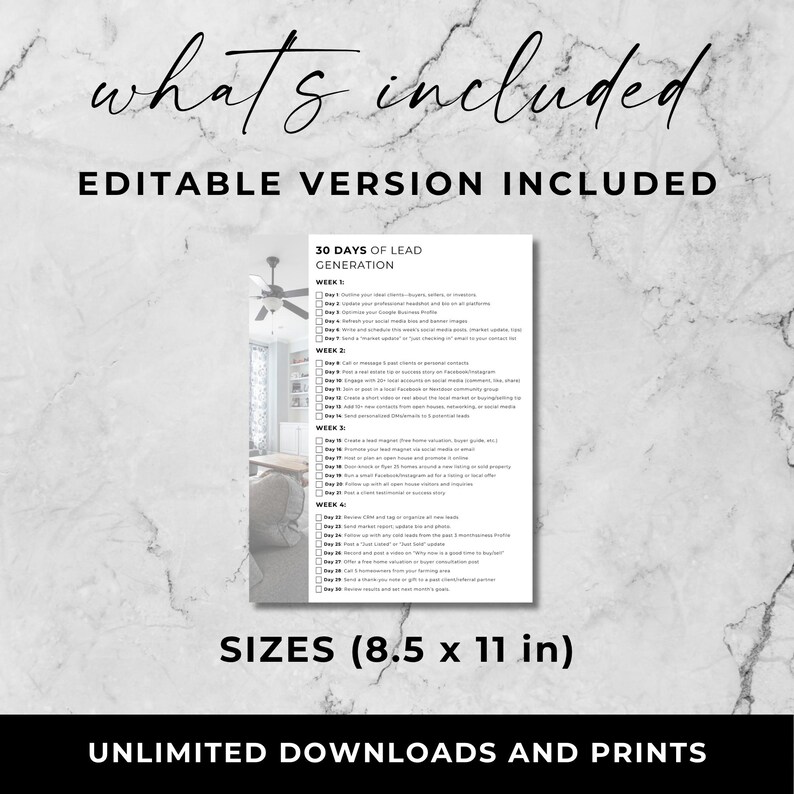 K&ouml;nnte beinhalten: Ein wei&szlig;es, bedruckbares Dokument mit dem Text "30 Days of Lead Generation" und einer Aufgabenliste. Das Dokument ist 21,59 x 27,94 cm gro&szlig;. Die W&ouml;rter "what's included" und "editable version included" stehen oben.