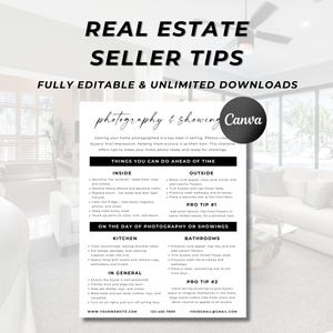以下が含まれることがあります： 写真撮影と内覧のために家を準備する方法について、不動産販売員向けのヒントが書かれた白黒の印刷可能なチェックリスト。チェックリストは、室内、屋外、写真撮影または内覧の日、キッチン、バスルーム、全般、プロのヒントのセクションに分かれています。チェックリストには、平らな表面の整理、切れた電球の交換、新鮮な花などの小さなディテールの追加などのヒントが含まれています。