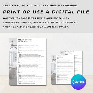 K&ouml;nnte beinhalten: Zwei wei&szlig;e Flyer mit dem Text "30 Days of Lead Generation" und einer Checkliste mit Aufgaben. Die Flyer enthalten auch den Text "Print or use a digital file" und "Created to fit you, not the other way around."
