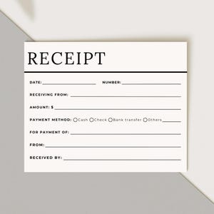 May include: A minimalist receipt template with the word "RECEIPT" at the top. The design includes fields for date, number, recipient, amount, payment method (cash, cheque, bank transfer, or other), and additional details. The layout is clean and simple.