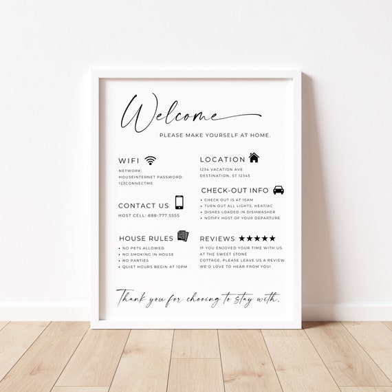 Welcome Sign for Short Term Rental Hosts, Vacation Airbnb Business Sign,  Guest Check-in Guide, VRBO Wifi, VRBO Wifi, STR Printable Sign