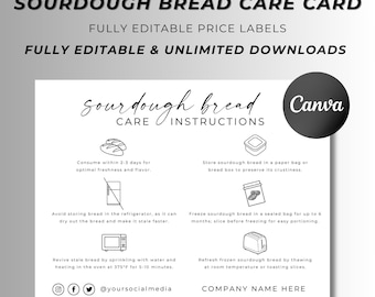 Sourdough Bread Care Card, Bread Care Instructions, Bread Care Card Template, Instant Download, Editable, Canva